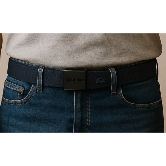 Lacoste Men’s Navy Blue Webbed Belt | Silver Logo Buckle Casual Designer Accesso - Picture 11 of 11